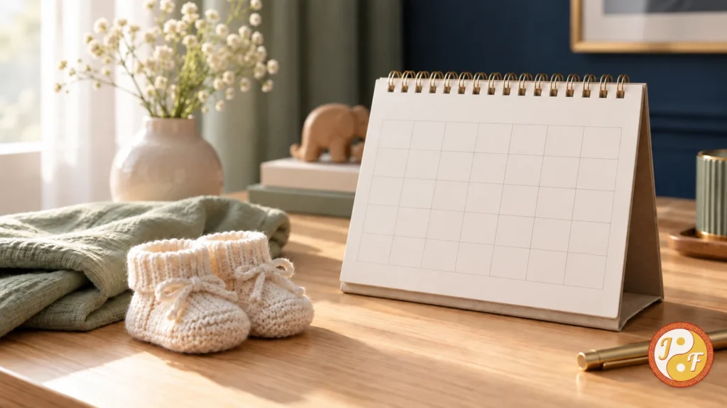 Kalender kosong dan sepatu bayi di meja kayu dengan logo Feng Shui Hoki.