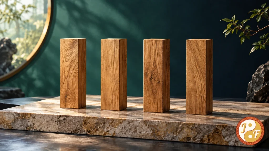 Empat pilar kayu di atas alas batu dengan logo Feng Shui Hoki.