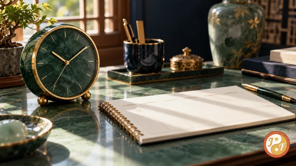 Jam analog dan buku agenda di meja hijau dengan logo Feng Shui Hoki.