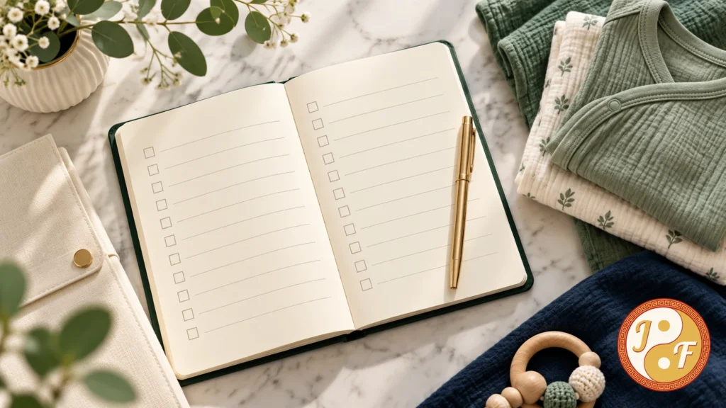 Buku checklist kosong, pena emas, dan pakaian bayi dengan logo Feng Shui Hoki.