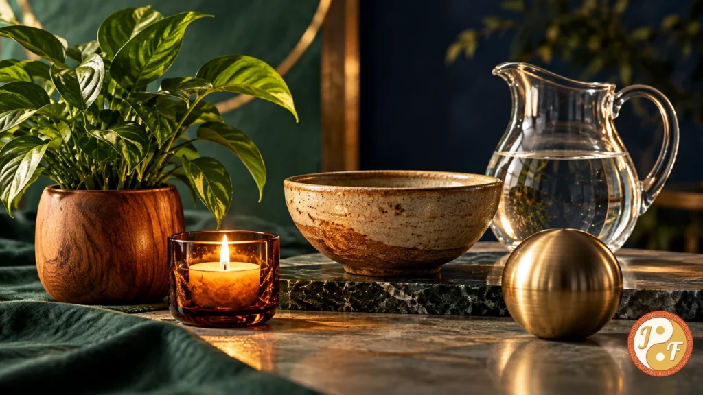 Tanaman, lilin, keramik, bola logam, dan kendi air dengan logo Feng Shui Hoki.
