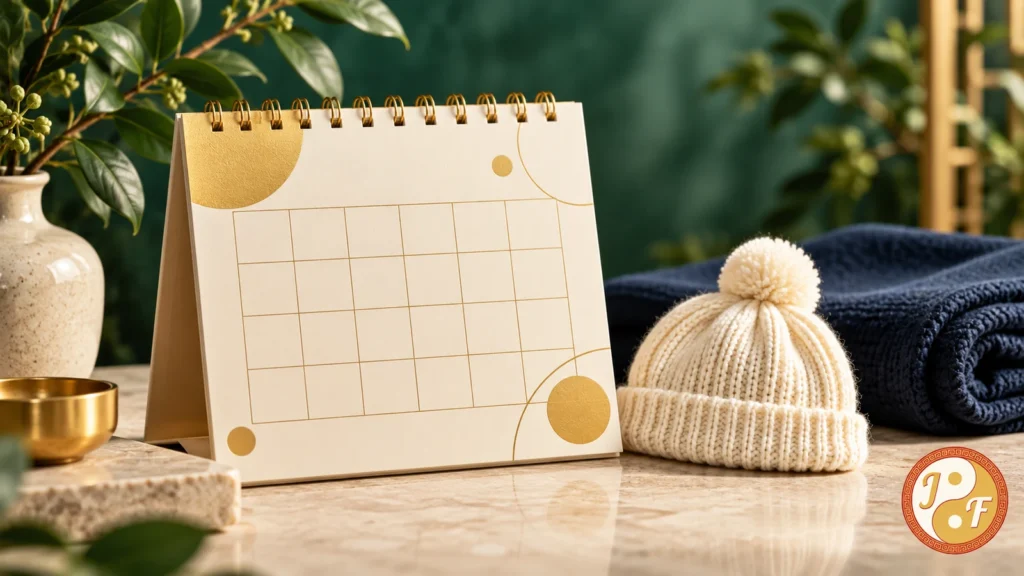 Kalender bermotif emas dan topi bayi dengan logo Feng Shui Hoki.