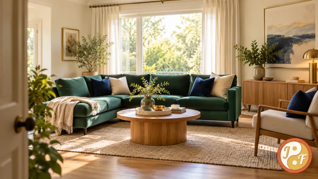 Ruang keluarga dengan sofa hijau, meja kayu, dan cahaya alami serta logo Feng Shui Hoki.